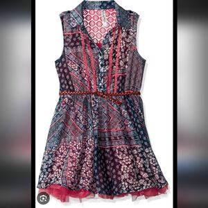 Like New Beautees Navy Patterned Sleeveless Patchwork Dress w Coral Lace 10
